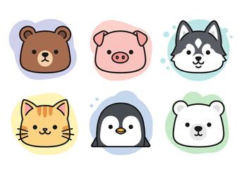 set of cute cartoon icon illustration of animal faces including bear, pig, husky, cat, penguin, and polar bear, perfect for children’s stickers, toys, learning materials, or playful design projects.
