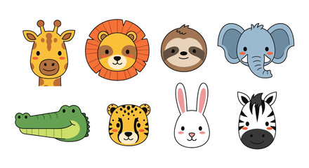 Cute cartoon animal face set including crocodile, elephant, rabbit, zebra, lion, giraffe, sloth, and cheetah, perfect for children’s designs, stickers, educational materials, and playful decorations