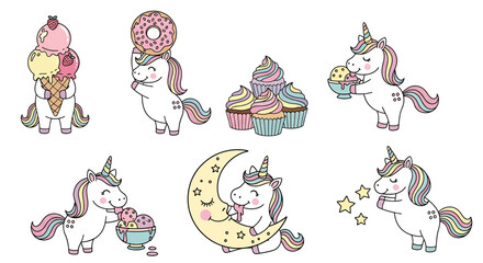 Cute cartoon illustration of unicorn characters with rainbow manes, wings, and sweets like cupcakes, donuts, and ice cream, perfect for children’s products, party decorations, or stationery designs