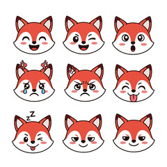 Cute cartoon fox emoji set with different facial expressions including happy, sad, angry, surprised, and playful, perfect for stickers, messaging apps, children’s designs, and fun digital projects