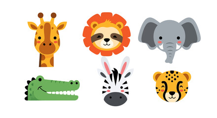 Cute cartoon animal face set including crocodile, elephant, rabbit, zebra, lion, giraffe, sloth, and cheetah, perfect for children’s designs, stickers, educational materials, and playful decorations