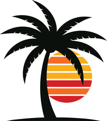 a coconut palm leaf silhouette on retro stripe sun.eps
