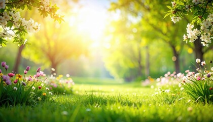 Fototapeta premium A vibrant sunny scene of a beautiful garden filled with colorful flowers, lush green grass, and bright sunshine. The light and airy environment creates a sense of peace and serenity