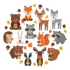 Cute illustration of woodland animals with autumn leaves and acorns, featuring bear, fox, deer, raccoon, squirrel, rabbit, and more, perfect for children’s designs, education, and seasonal decorations © meeblues