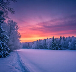 Snowy Winter Landscape at Sunset with Colorful Sky