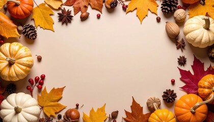 Obraz premium an autumnal arrangement of pumpkins and autumn leaves, creating a warm and inviting scene with space for copy