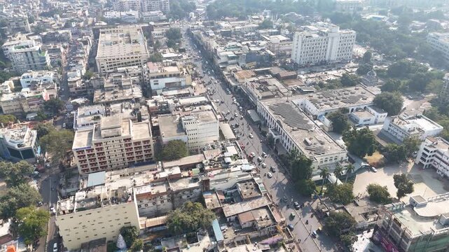 Aerial shot of a busy city lucknow in india particularly showing hazratganj which is a famous shopping place