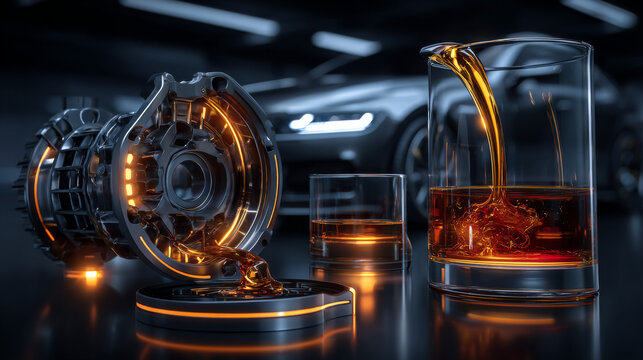 Engine oil advertisement banner. Vector illustration with realistic piston and motor oil on bright background. 3d ads template.