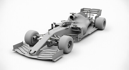 Naklejka premium Detailed grayscale model of a modern formula 1 race car presented from an elevated side-angle view