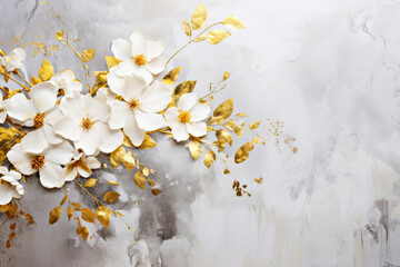 Floral background. Elegant arrangement of white flowers and golden leaves set against soft gray textured background, creating harmonious blend of colors and natural beauty, perfect for decorative use