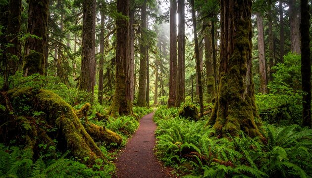 Lush forest path in a misty woodland