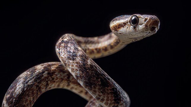 A close-up of a snake against a dark background.