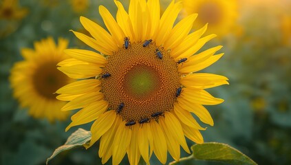 Obraz premium Close-up of a vibrant sunflower, showcasing its radiant yellow petals and intricate center, with small dark insects clustered around the disc florets.