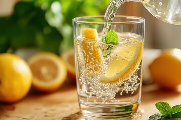 Fototapeta premium Hand pouring pure fresh water into a glass. Healthy morning hydration habit for a detox diet. Wellness and health lifestyle concept with lemon and mint