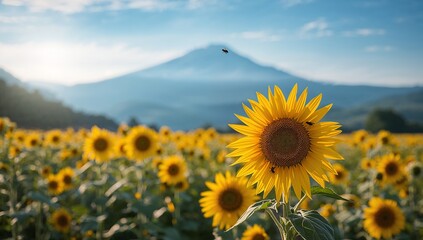 Fototapeta premium A vibrant sunflower field bursts with golden blooms, a focal sunflower stands out against a backdrop of mountains under a clear sky.