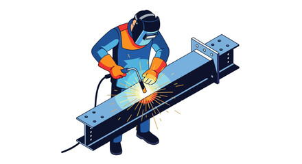 Naklejka premium Vector illustration of a welder in protective gear joining a steel I-beam with bright sparks.