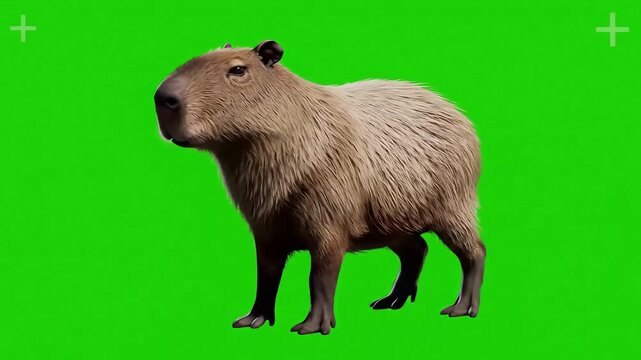 Capybara Rodent Standing and Looking Around on Green Screen.