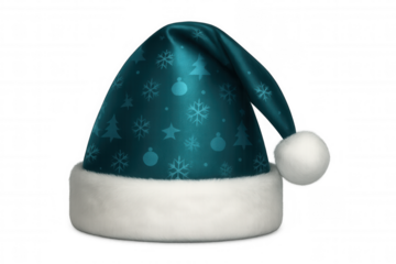 Festive teal santa hat featuring snowflake and christmas tree pattern, isolated on transparent background for holiday design use