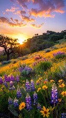 Fototapeta premium A vibrant field of wildflowers bursts with color beneath a breathtaking sunset, showcasing a hillside landscape filled with lush vegetation.