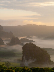 Mountain view and morning mist at Phu Langka National Park, Phayao Province, Thailand.