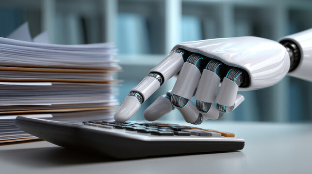 AI automation improves financial accounting and budget management with robotic hand pressing calculator keys in office
