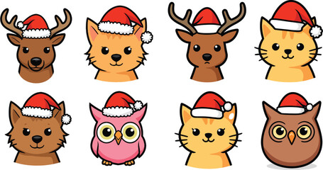 Obraz premium Cute Christmas Animals Wearing Santa Hats Reindeer Cats and Owls