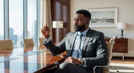 Distinguished african corporate businessman in a modern office looking out the window