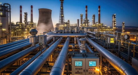 Industrial refinery complex with intricate pipelines and cooling tower at twilight