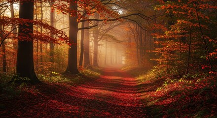 Winding path through enchanted autumn forest with vibrant red leaves and misty sunlight