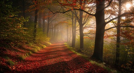 Winding path through a dense autumn forest with vibrant red leaves and misty sunlight