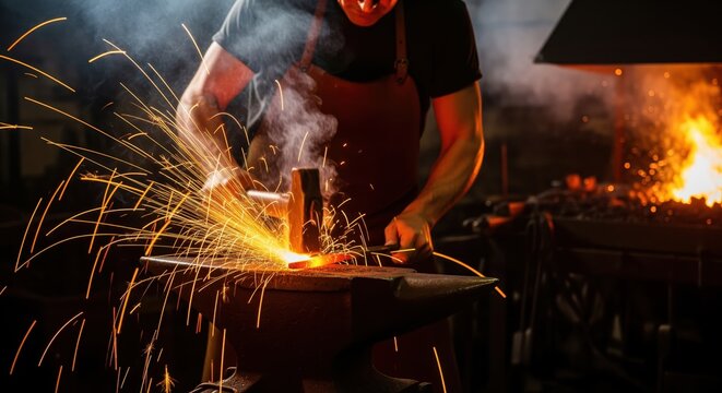 Blacksmith forging hot metal on anvil with hammer strikes and flying sparks in a dark workshop