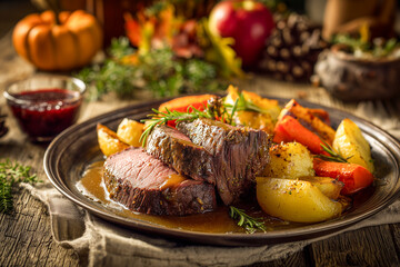game meat roast with vegetables autumn table