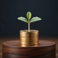 Small sprout emerging from a stack of golden coins, symbolizing financial growth.