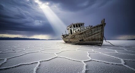 Weathered abandoned wooden boat on vast dry salt flat under dramatic sky with light ray