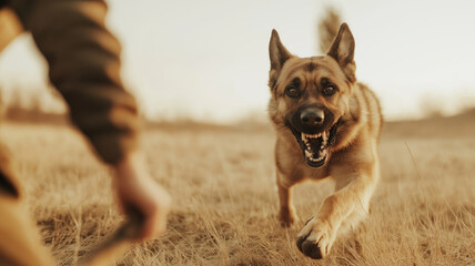 German Shepherd dog running across a field while baring its teeth and attacking a person wearing protective gear during a training session