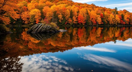 Vibrant autumn trees reflected in serene lake with rocky island under blue sky