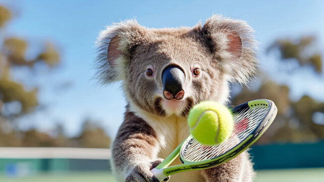 Koala balancing tennis ball on racket, standing on green hardcourt against bright blue sky