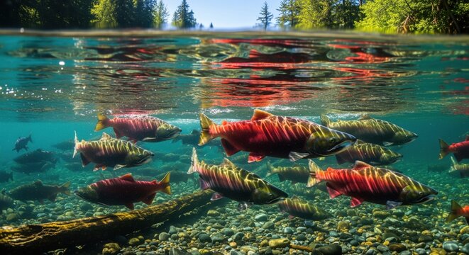 Vibrant sockeye salmon school migrating upstream in clear river with forest above water