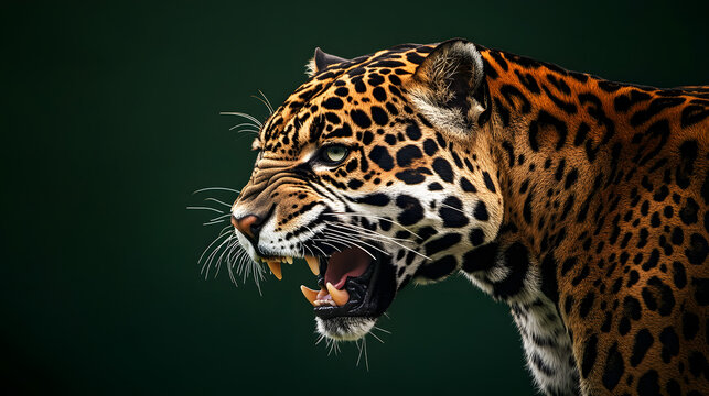 Side view of an angry jaguar on a deep dark green background. wild animal background illustration.