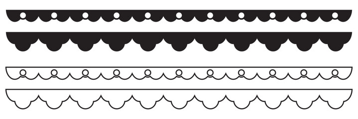 Scalloped border patterns in black and white. Repeat vintage frill ornament. Texture ribbons. invitations, scrapbooking, and digital graphic projects. EPS 10