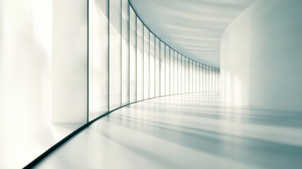 Obraz premium Modern workspace featuring curved glass wall, diffused lighting, and sleek open plan design highlighting contemporary architectural elements