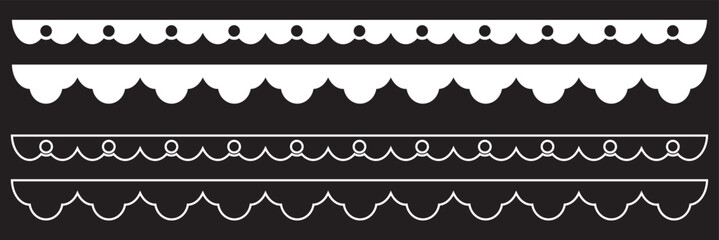 Scalloped border patterns in black and white. Repeat vintage frill ornament. Texture ribbons. invitations, scrapbooking, and digital graphic projects. EPS 10