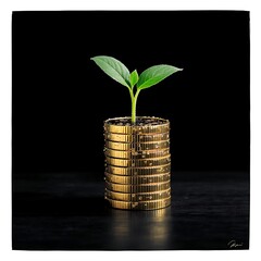 A young plant sprouting from a stack of gold coins, symbolizing growth.