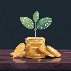 A stack of golden coins with a green plant growing from the top, symbolizing financial growth and investment.