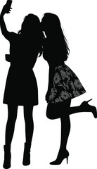 Silhouette of two young women taking selfie together, best friends posing, friendship bond, happy girls lifestyle, social media connection, fashion style