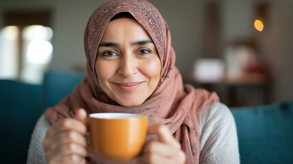 Cheerful muslim woman wearing hijab, sipping hot beverage while relaxing indoors, warm lighting surrounding her