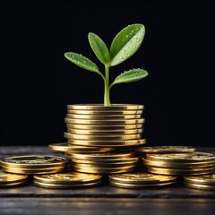 A small plant sprouts from a stack of gold coins, symbolizing growth and financial prosperity.