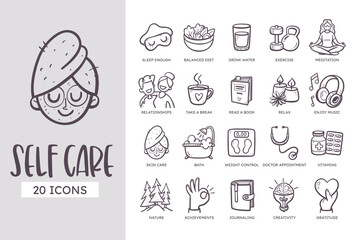 Self Care Icon Set. 20 cute hand-drawn line art style. Vector illustration.