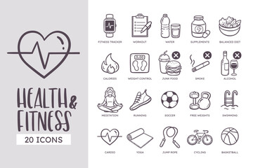 Health and Fitness Icon Set. 20 cute hand-drawn line art style. Vector illustration.