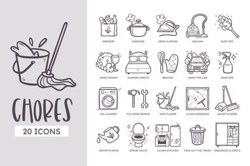 Home Chores Icon Set. 20 cute hand-drawn line art style. Vector illustration.